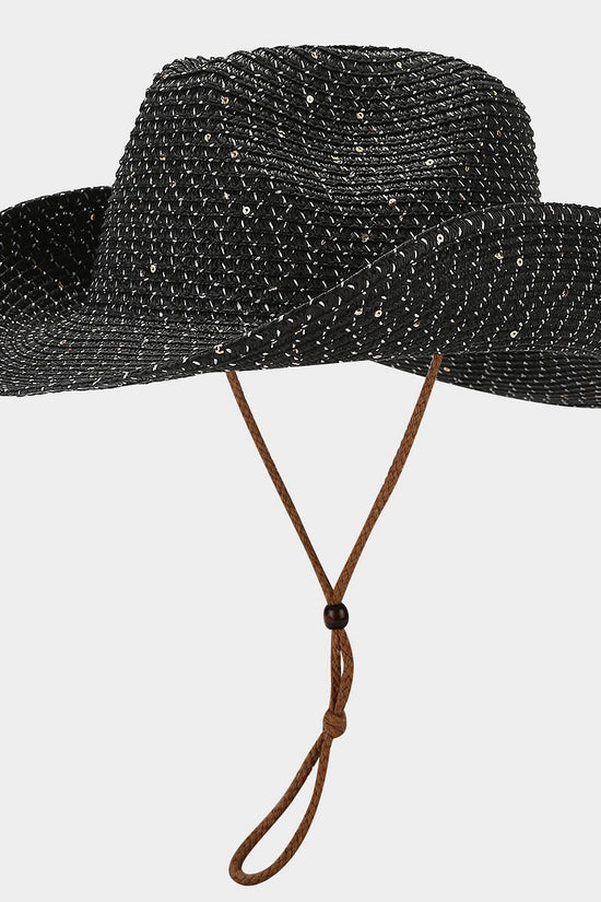 New Womens Panama Straw Weaved Sequin Windproof Sun Hat 