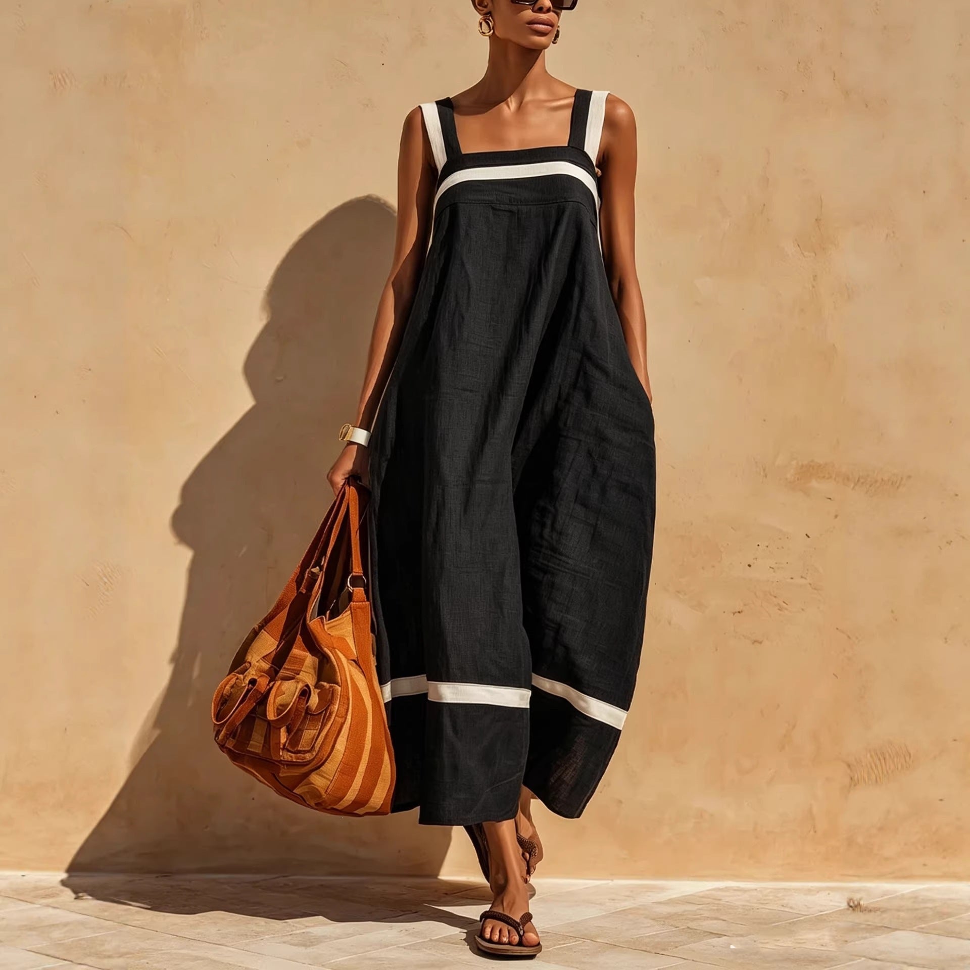 Strap Contrast-Color Womens Casual Loose Dress 