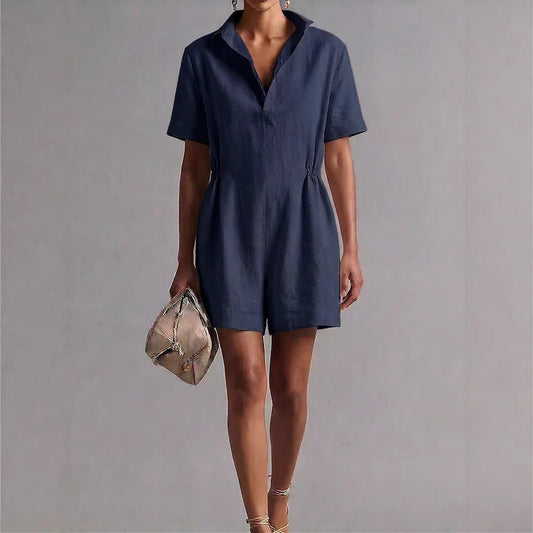 Womens Casual Long-Sleeve Lapel-Neck Split Jumpsuit 