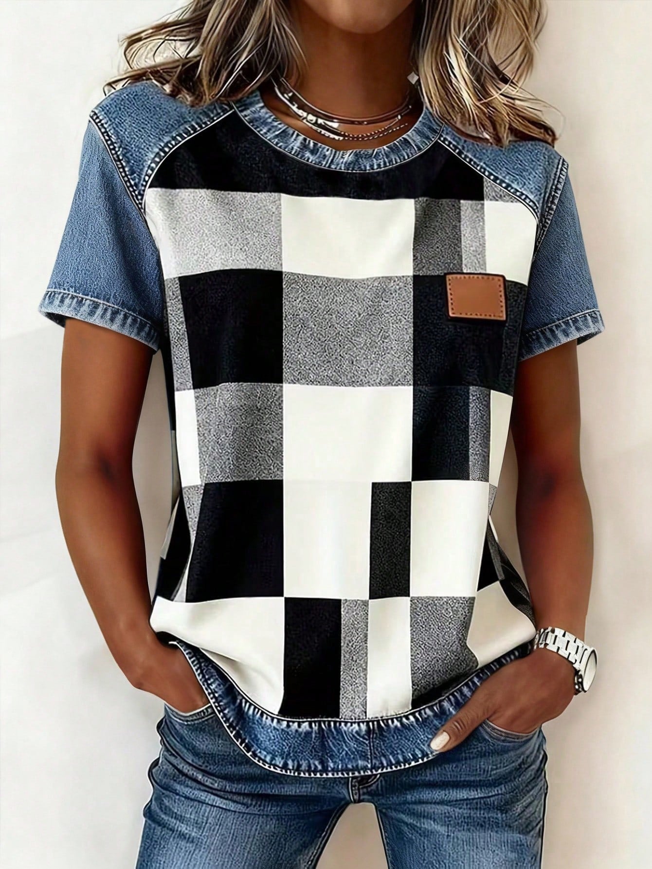 Women's Retro Denim Patchwork Short-Sleeve Shirt – Loose Fit 