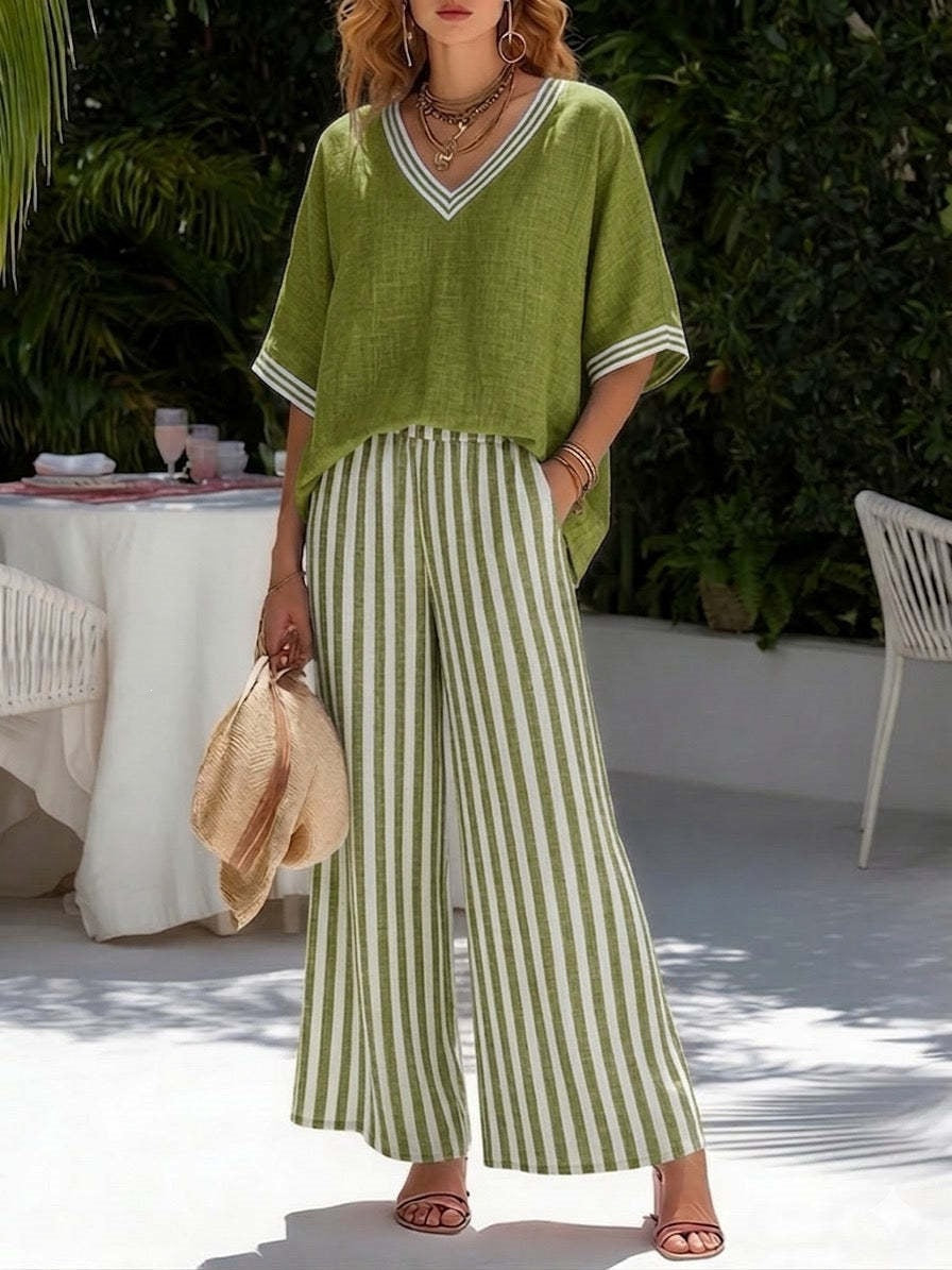 Tunic-style Striped Casual Trousers Womens Outfit 