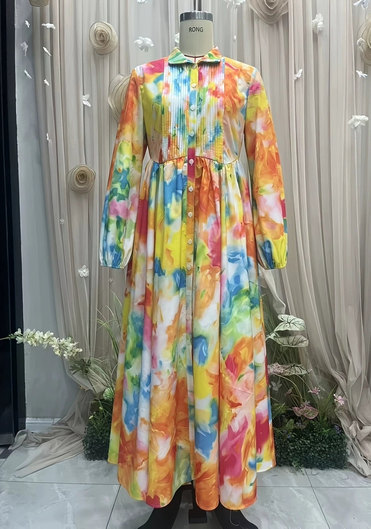 New Style Shirt Dress with  Floral Digital Printing Long Dress 