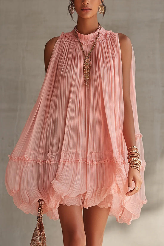 Sleeveless Pleated Mini Dress for Women, Loose A-Line Skirt with Ruffled Hem, Gathered Pleats, Casual Vacation Style, Flared Silhouette, Sweet Baby Doll Dress 