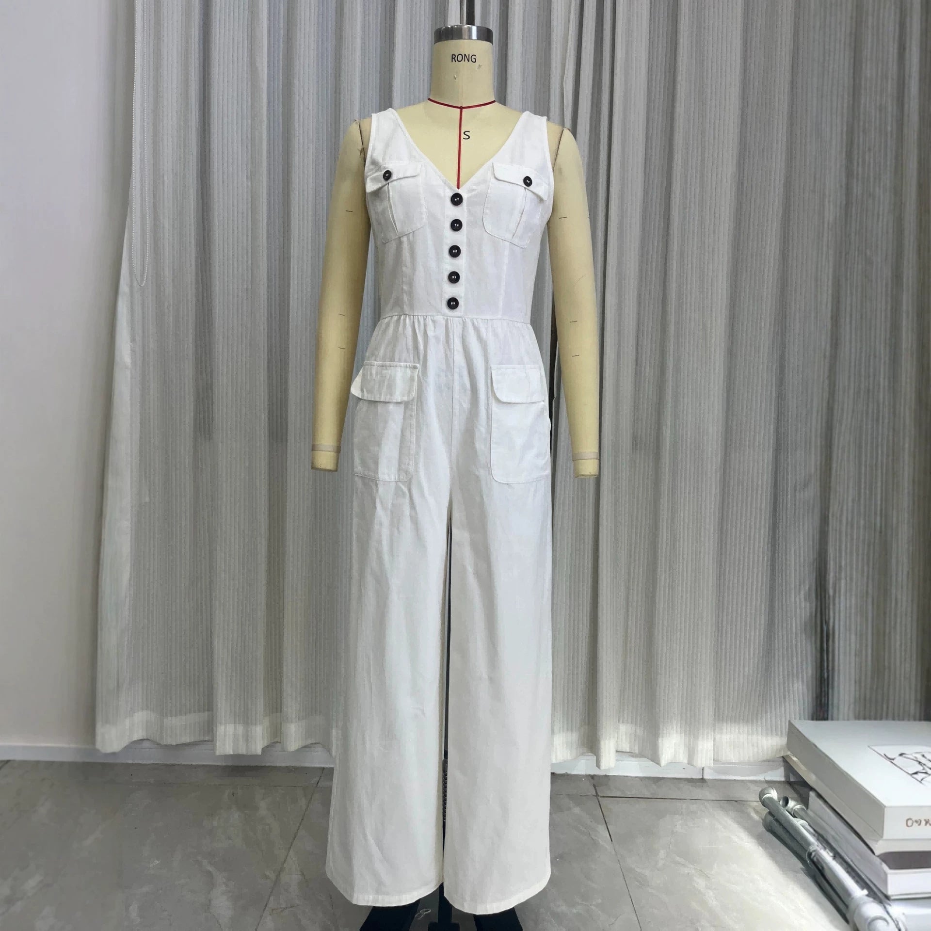 Summer pocket V-neck vest high waisted jumpsuit for women 