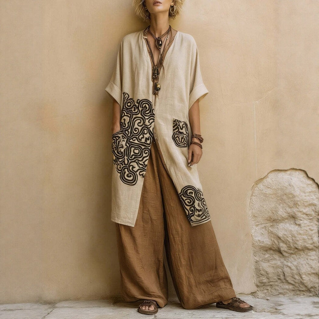 Loose Embroidered Long Robe Two-Piece Set for Women, Casual Wide-Leg Pants Outfit, Fashionable and Trendy 