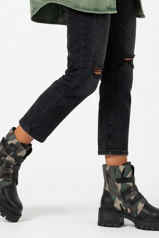 High Heel Thick Sole Belt Buckle Camouflage Low Cut Women's Boots Fashionable Large Made to order, ships in 7 days 