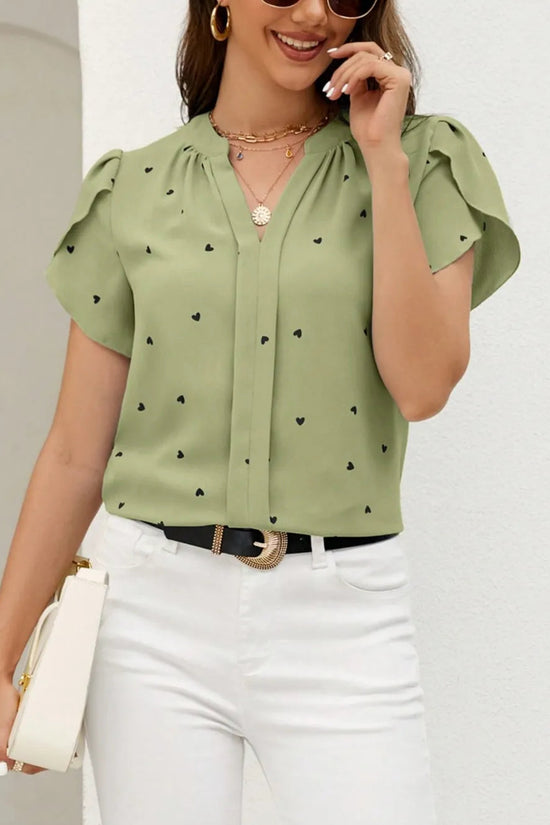V-neck heart-shaped petal sleeve shirt with elegant women's top 