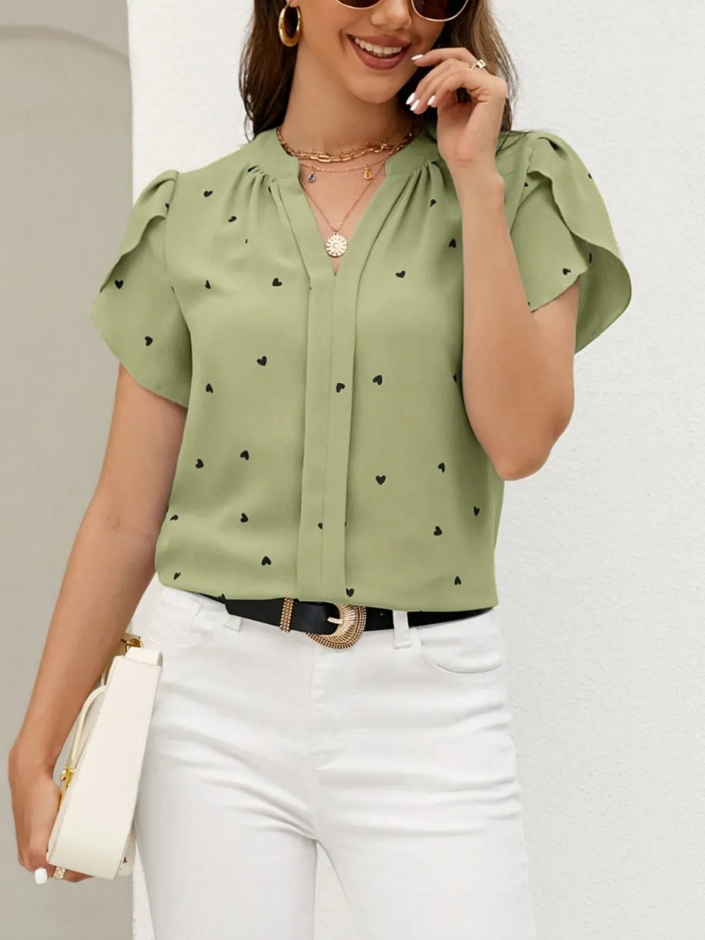 V-neck heart-shaped petal sleeve shirt with elegant women's top 
