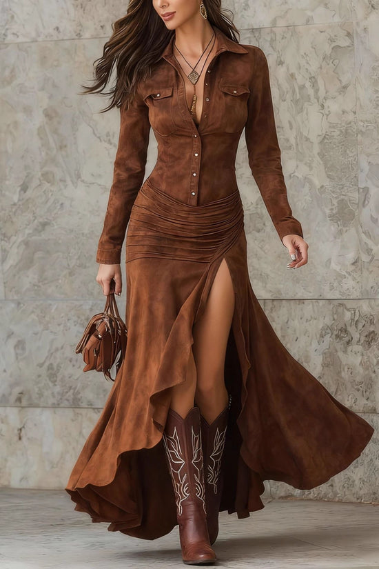 Elegant Zipper Stand Collar Slit Long Dress with Slim Fit 