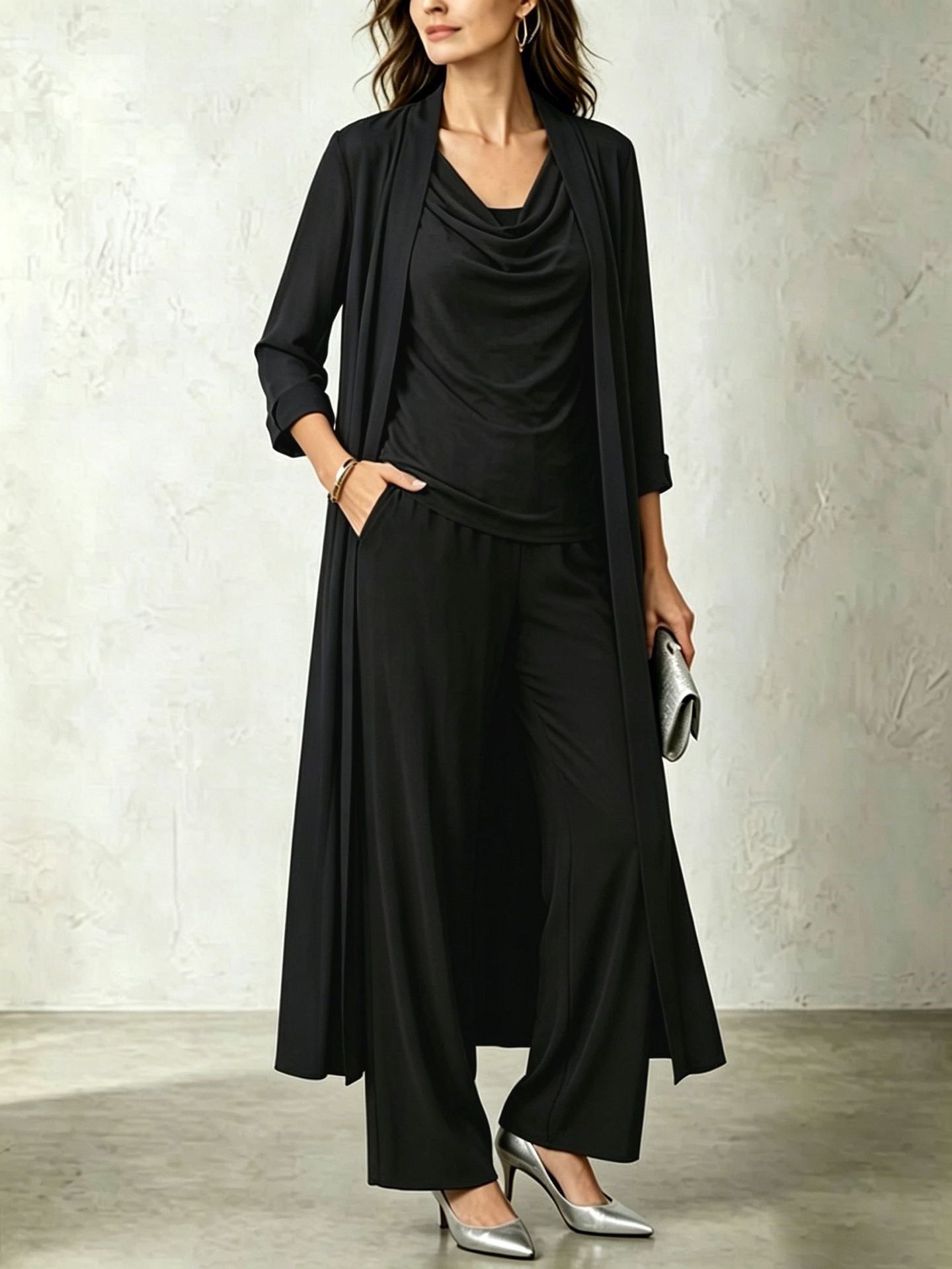 Long sleeved swing collar top long cardigan jacket long pants three piece set 