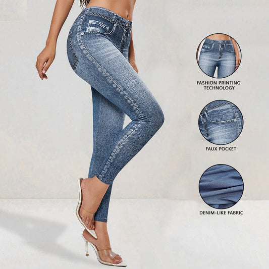 Retro High-Elastic Denim-Like Leggings Butt-Lifting Yoga Pants Denim-Style Yoga Pants Yoga Fitness Wear for Women 