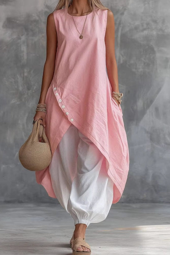 Solid Color Sleeveless Loose Pocketed Mid-Length Dress Set 