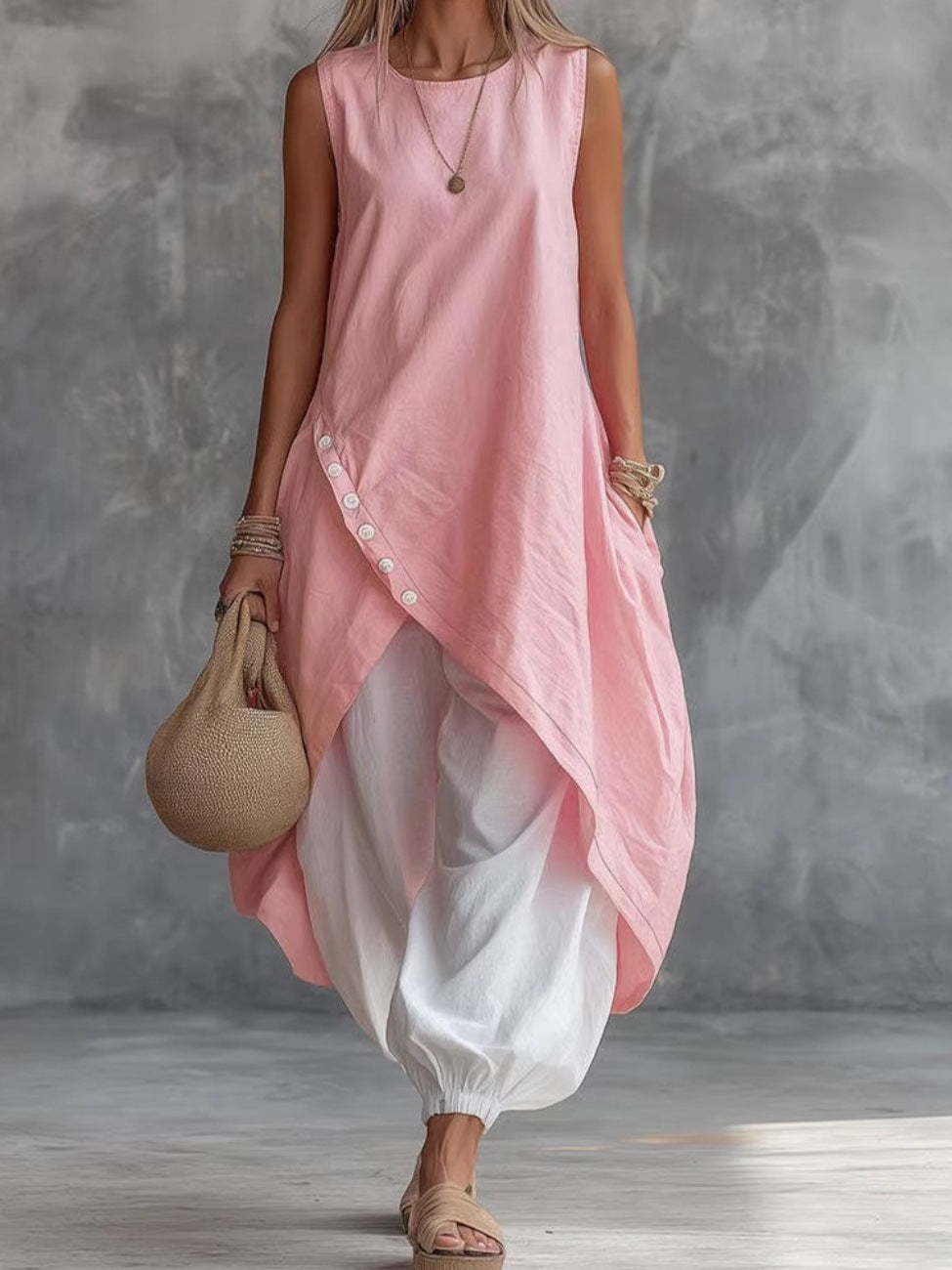 Solid Color Sleeveless Loose Pocketed Mid-Length Dress Set 