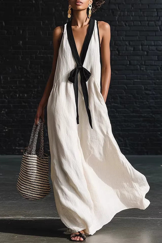 V-neck Strapless Sleeveless Resort-Style Long Simple Elegant Dress 