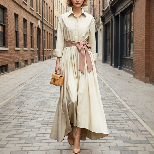 Long sleeved shirt collar solid color long skirt dress 