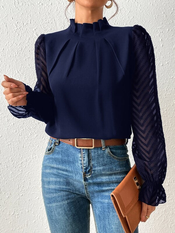Autumn Winter New Women's High Neck Spliced Wave Pattern Chiffon Long Sleeve Top 