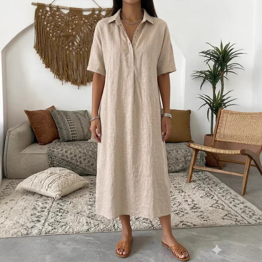 Casual Straight Fit Comfortable Linen Short Sleeve Polo Neck Dress for Women 