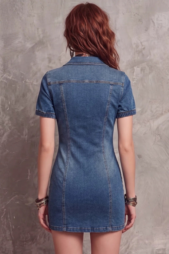 Fashion Elastic Fitted Denim Dress with Sexy Zipper Pocket Design Short Dress 