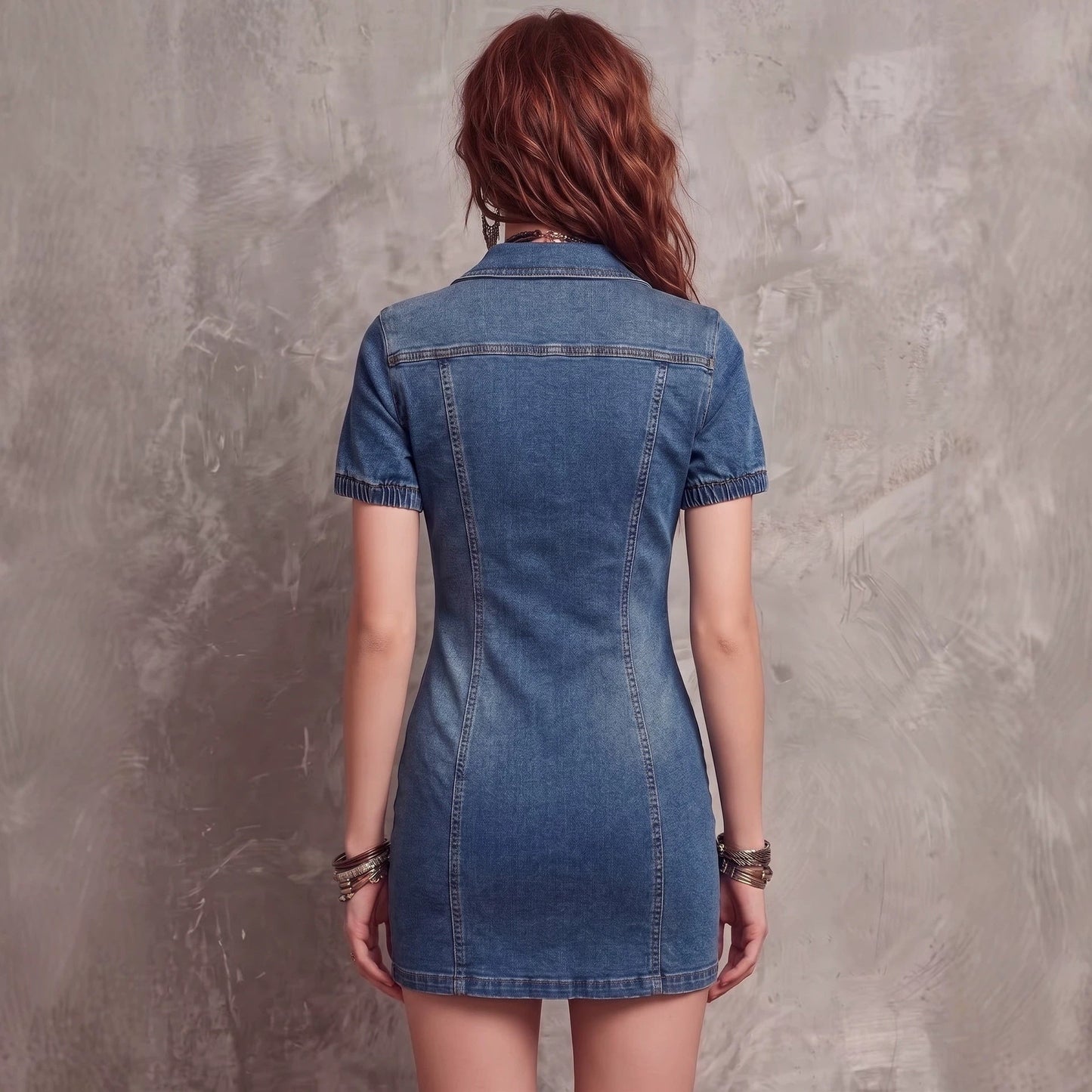 Fashion Elastic Fitted Denim Dress with Sexy Zipper Pocket Design Short Dress 