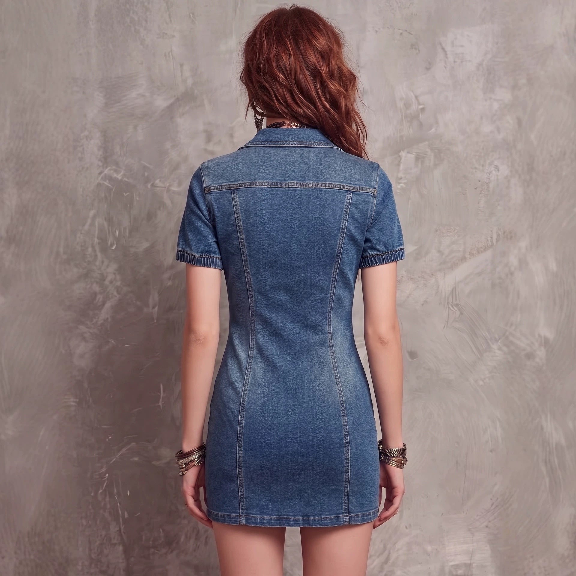Fashion Elastic Fitted Denim Dress with Sexy Zipper Pocket Design Short Dress 