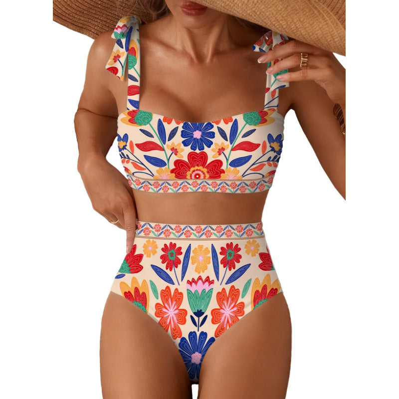 Women's Striped Bikini Set with Tie-Shoulder Design, High-Waisted Two-Piece Swimsuit 