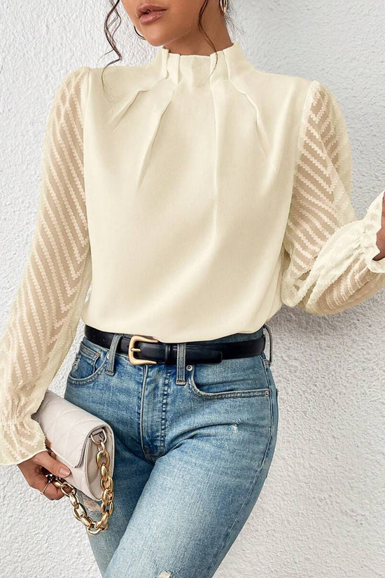 Autumn Winter New Women's High Neck Spliced Wave Pattern Chiffon Long Sleeve Top 