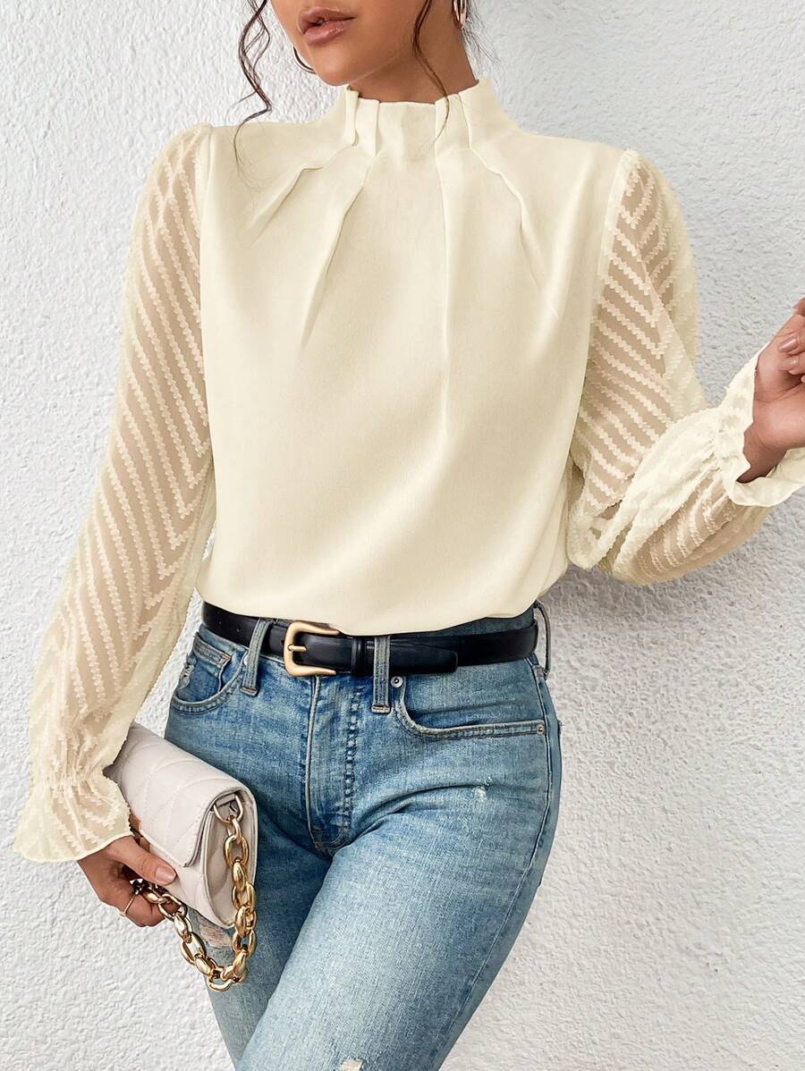 Autumn Winter New Women's High Neck Spliced Wave Pattern Chiffon Long Sleeve Top 
