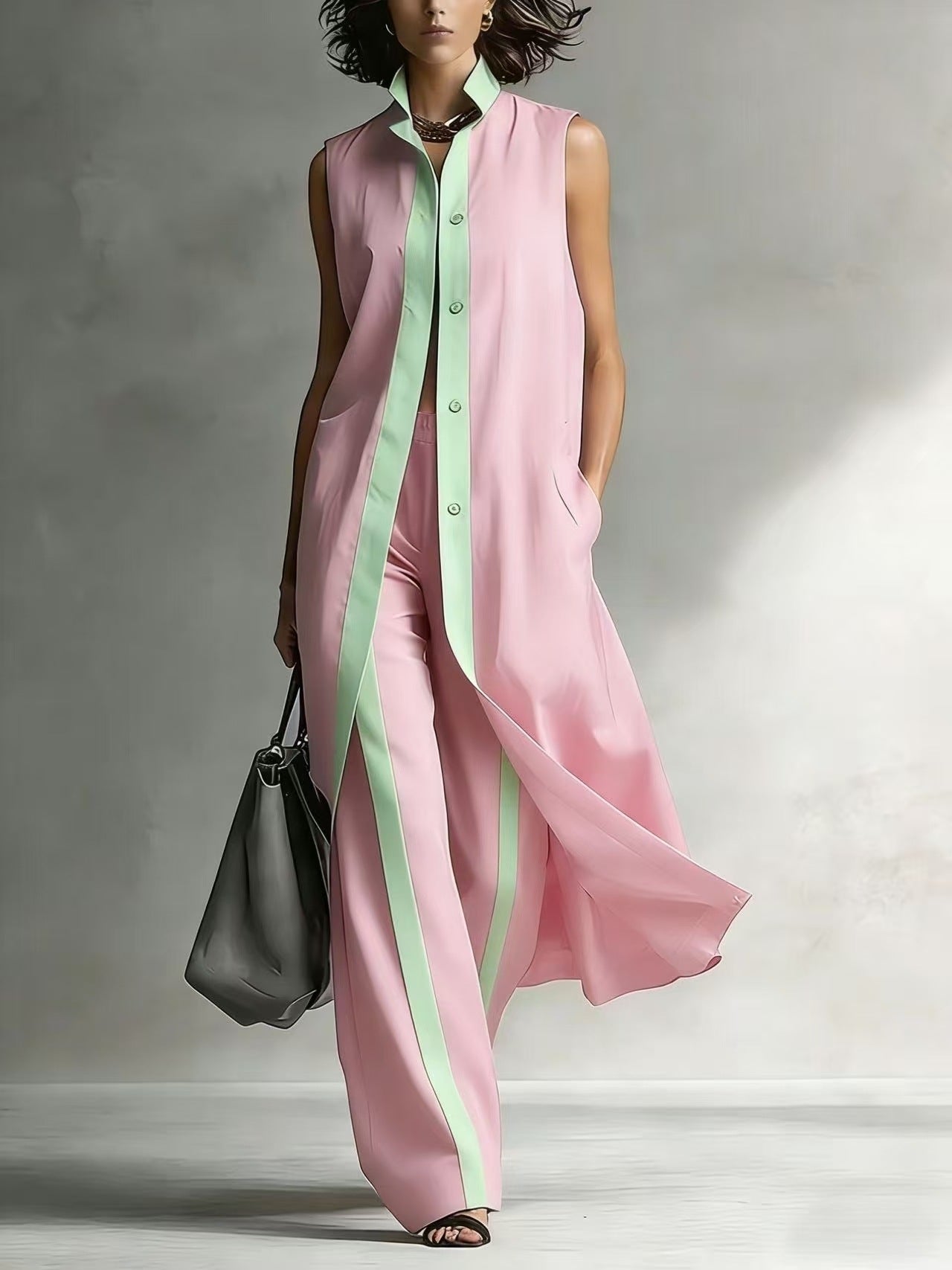 Color blocking loose vest cardigan pants set 
