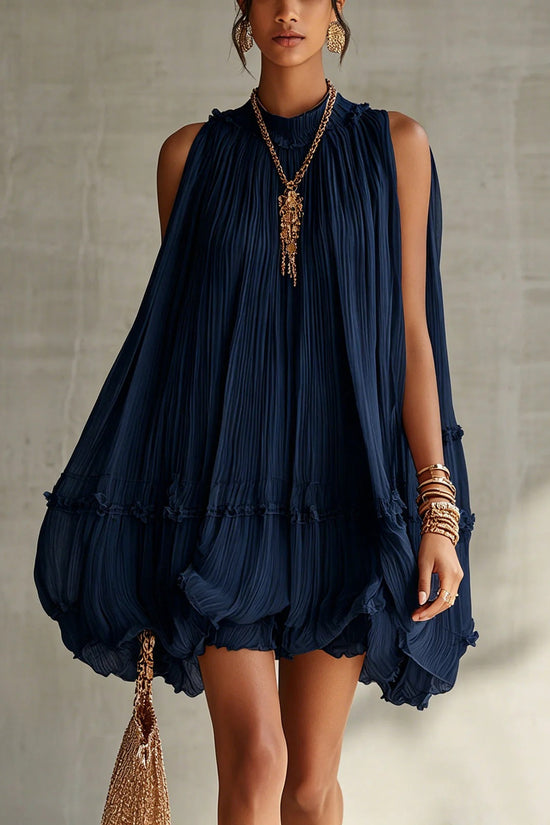 Sleeveless Pleated Mini Dress for Women, Loose A-Line Skirt with Ruffled Hem, Gathered Pleats, Casual Vacation Style, Flared Silhouette, Sweet Baby Doll Dress 