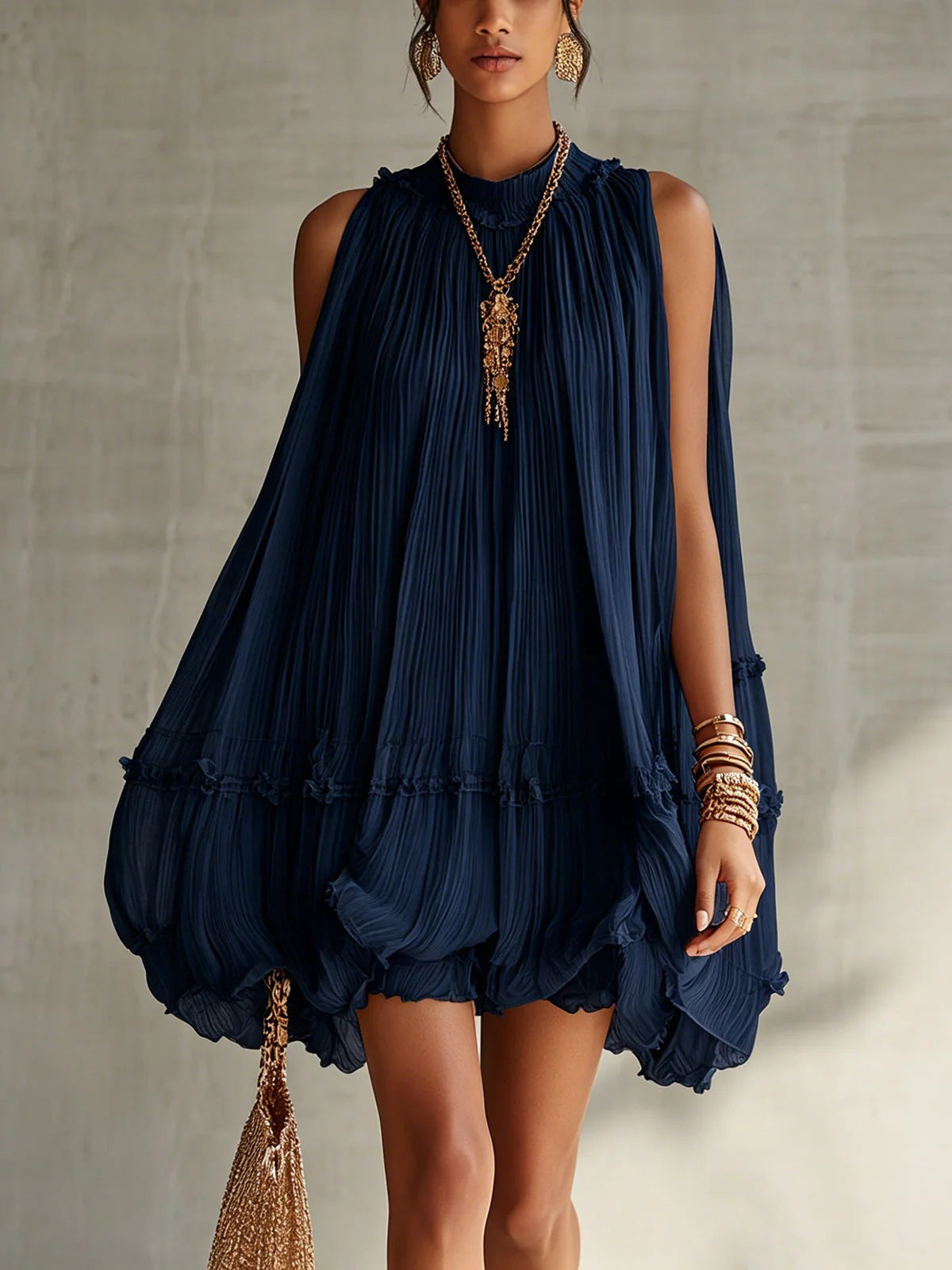 Sleeveless Pleated Mini Dress for Women, Loose A-Line Skirt with Ruffled Hem, Gathered Pleats, Casual Vacation Style, Flared Silhouette, Sweet Baby Doll Dress 