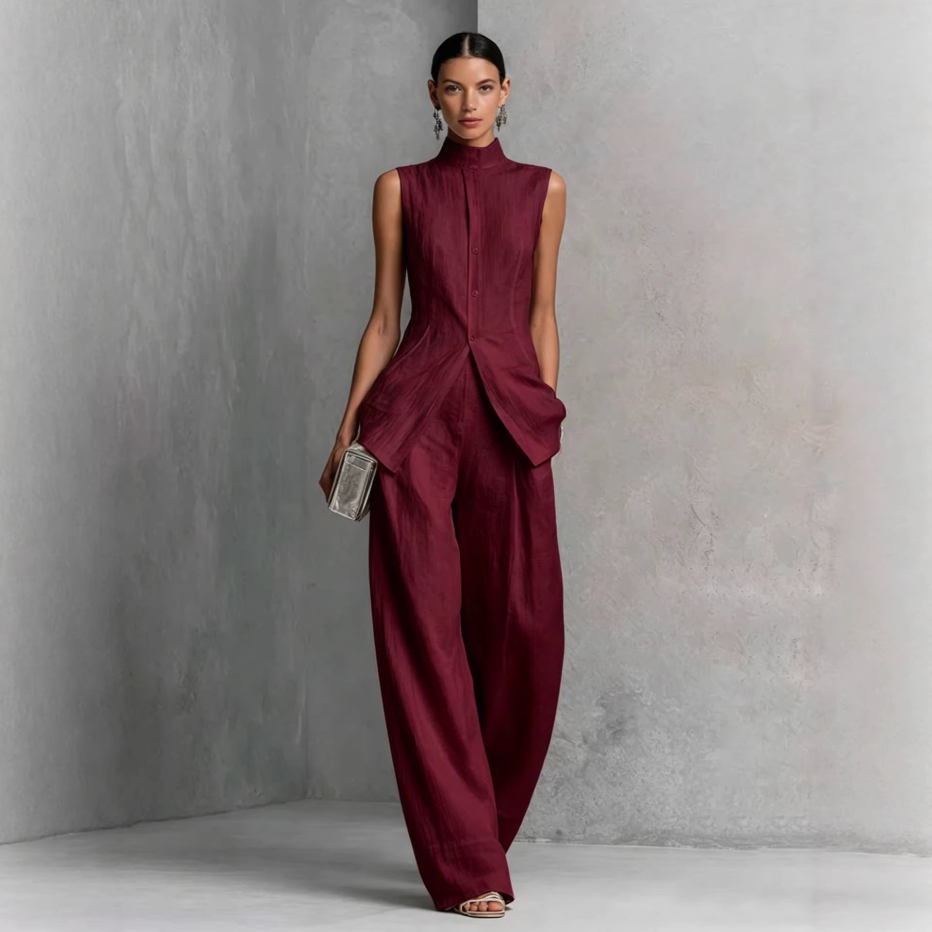 Solid color sleeveless pants set 
