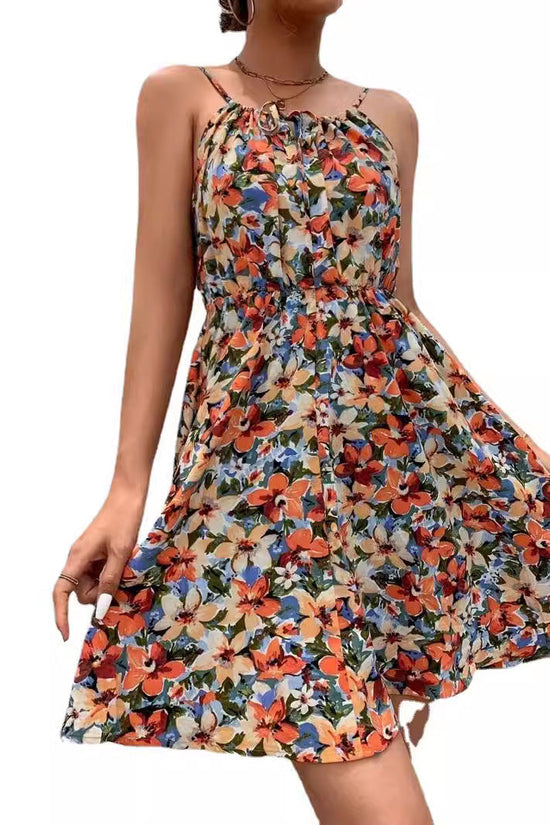 Elegant Sleeveless Printed Dress with Elastic Waist and Straps for Women 