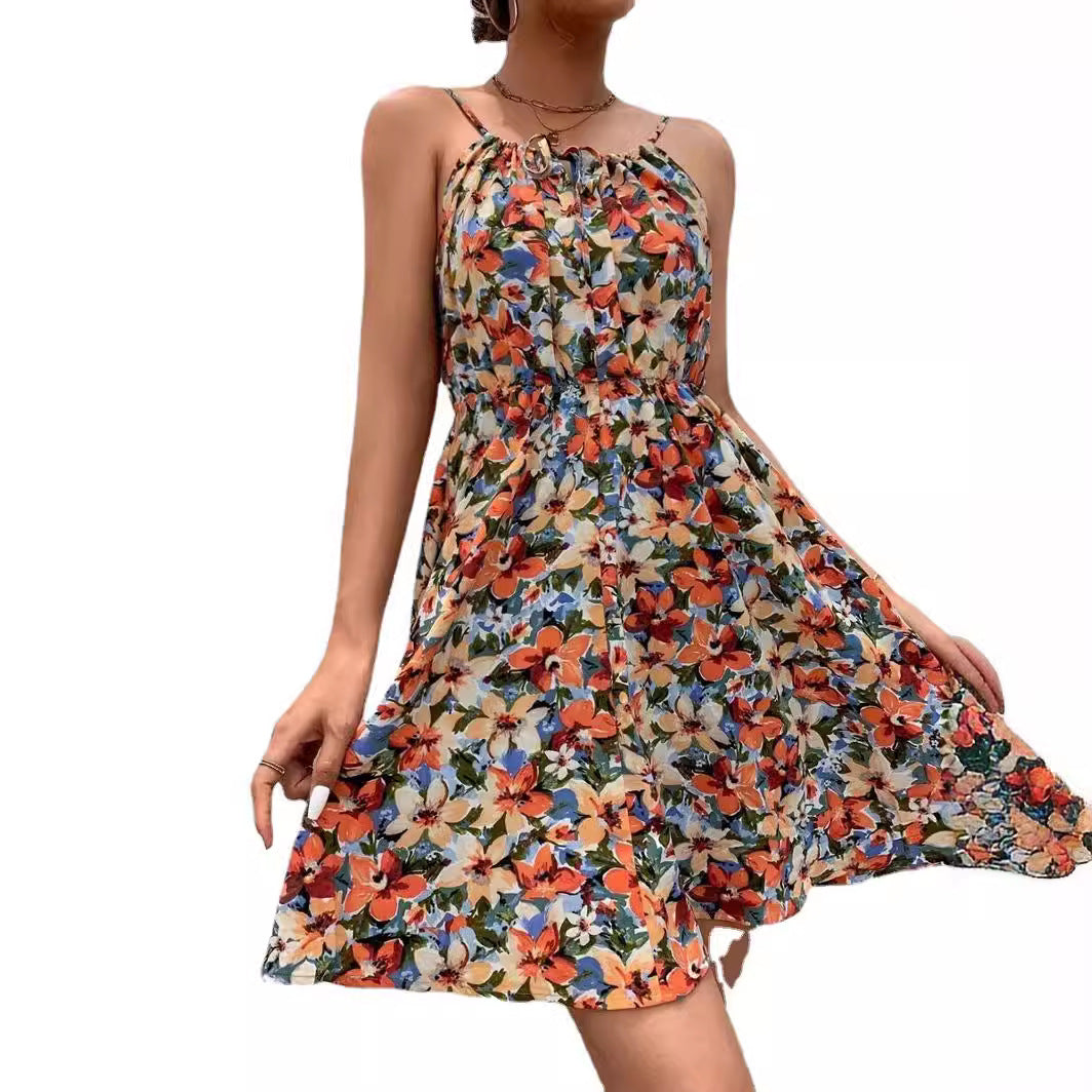 Elegant Sleeveless Printed Dress with Elastic Waist and Straps for Women 