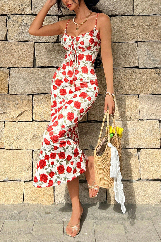Romantic Vintage Beach Vacation Style Tie-Waist Floral Wrap Bodice Fitted Long Strap Dress 