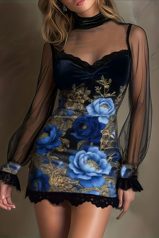Sexy Lace Trim Patchwork Dress with Elegant Printed Tulle Design Fitted Mini Dress 