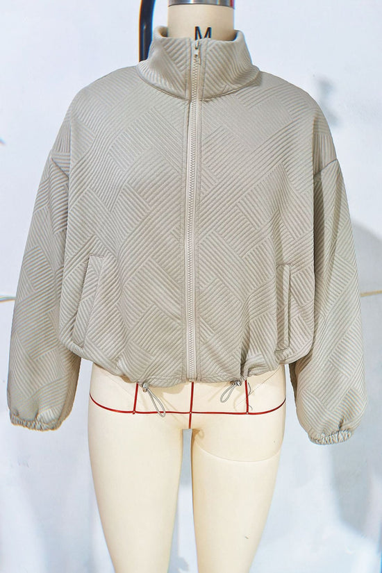 High neck zipper hem drawstring pocket women's loose jacket 