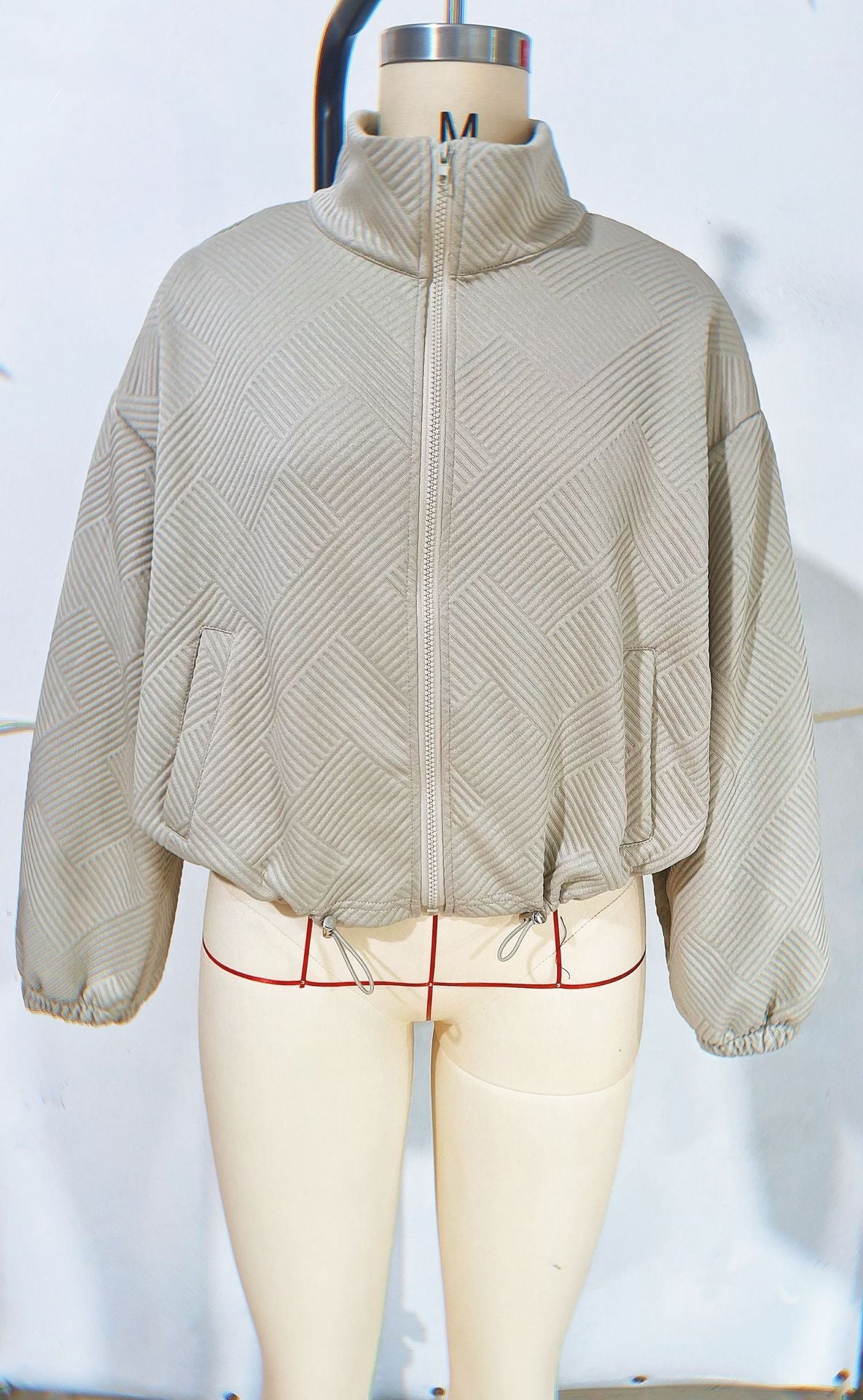 High neck zipper hem drawstring pocket women's loose jacket 