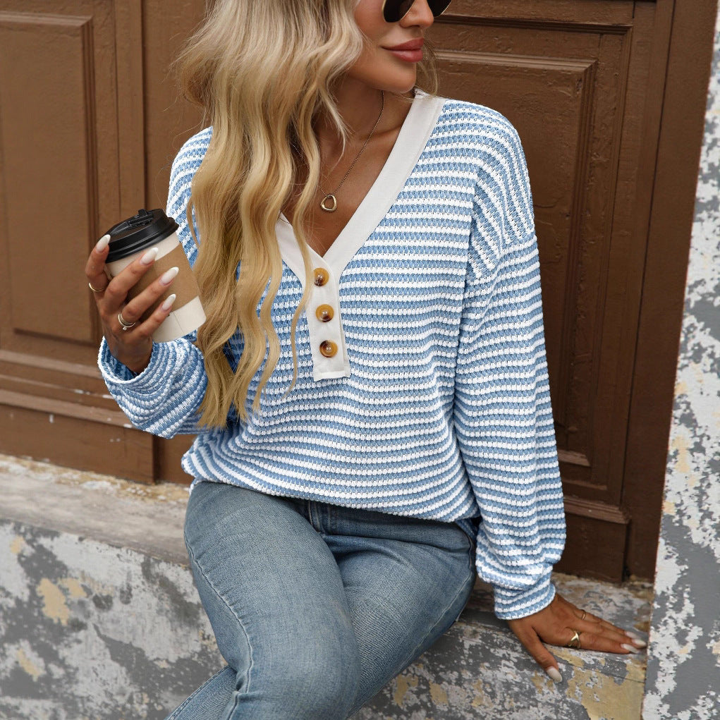 V-neck button top long sleeved color blocked T-shirt 