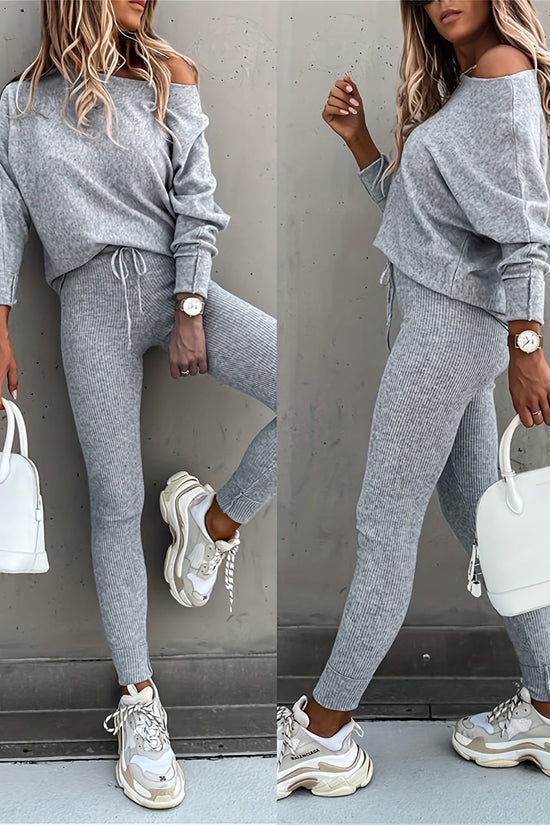 Casual Two-Piece Outfit Featuring A Long-Sleeve Pullover And High-Waisted Drawstring Pants 