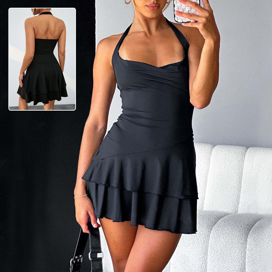 Slim Halter-neck Dress Ins Fashion Sleeveless Backless Ruffled Short Dresses Summer Clothing For Women FitiqueFit