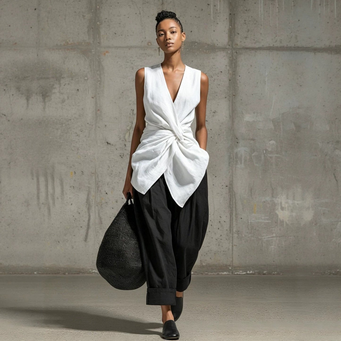Waist-cinching Tie-front V-neck Sleeveless Top Wide-leg Pantsuit 