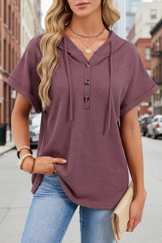 Womens Waffle-Weave Hooded Drawstring Short-Sleeve Top With Buttons 