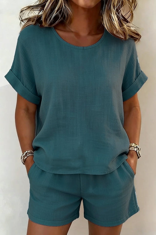 Solid-color Casual Round-neck Short-sleeve Shorts Two-piece Set 
