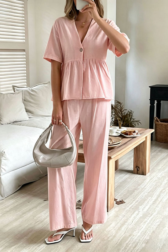 V-neck Loose-fit Short-sleeve Top And Wide-leg Pants Two-piece Set 