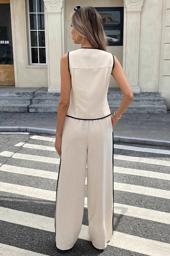 Women's Contrast Color Sleeveless Single-breasted Vest And Drawstring Trousers Suit 