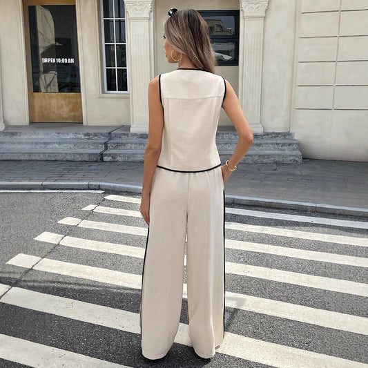 Women's Contrast Color Sleeveless Single-breasted Vest And Drawstring Trousers Suit 