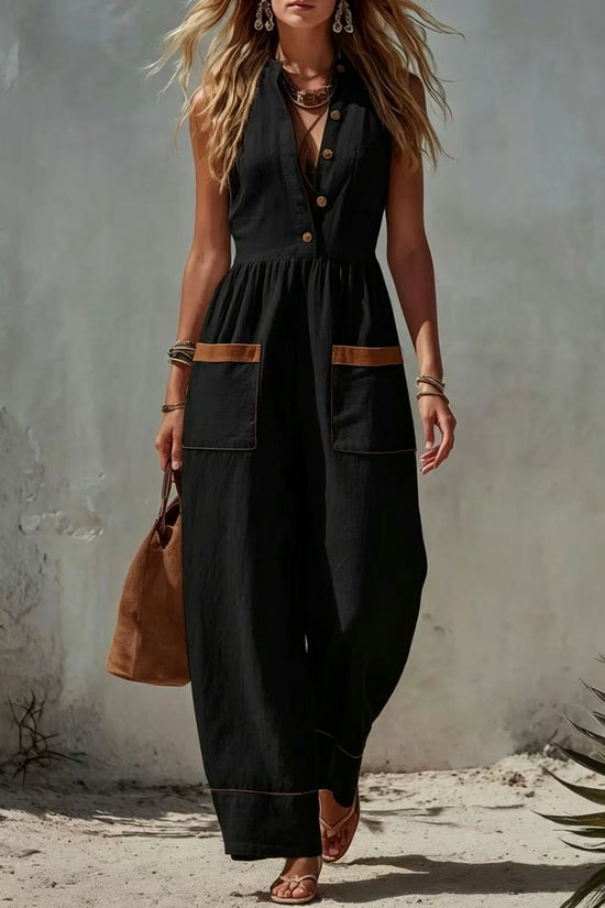 Womens Sleeveless Casual Loose Cotton-Linen Wide-Leg Jumpsuit 