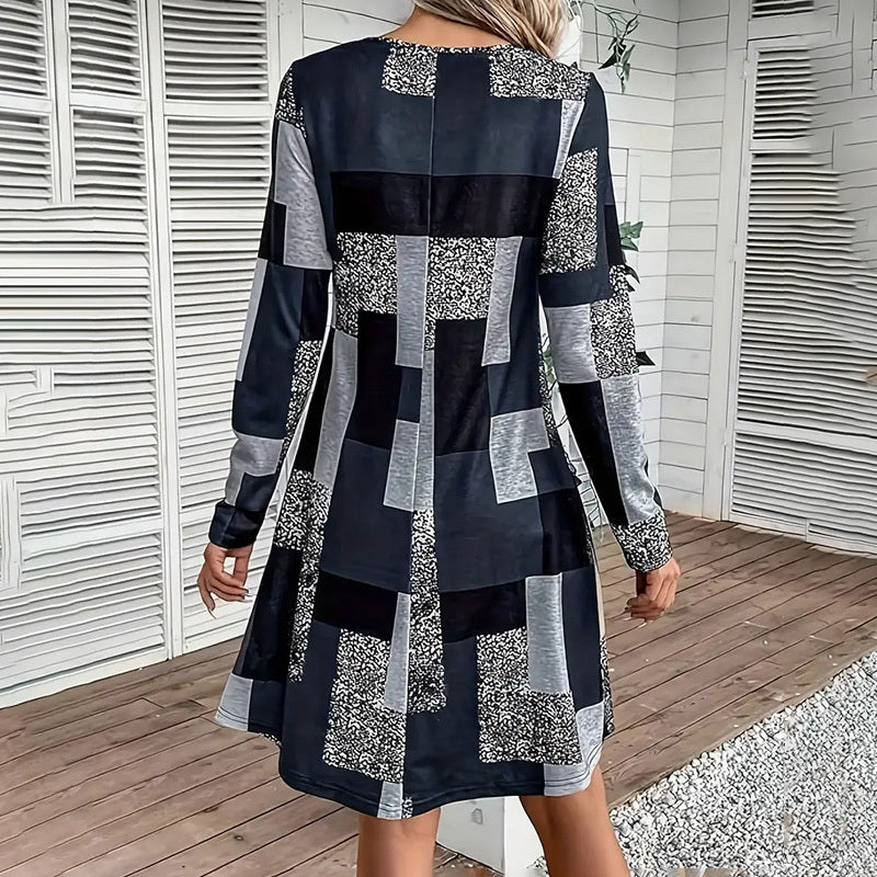 Women's Round Neck Long Sleeve Dress - Digital Print Casual Elegant Spring & Fall Dress CJ US