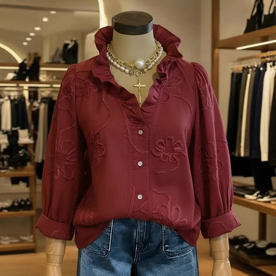 Lace-embroidered Cotton-linen Sweet Blouse 