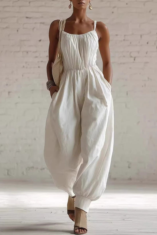 Womens Sleeveless Cotton-Linen Blend Jumpsuit 